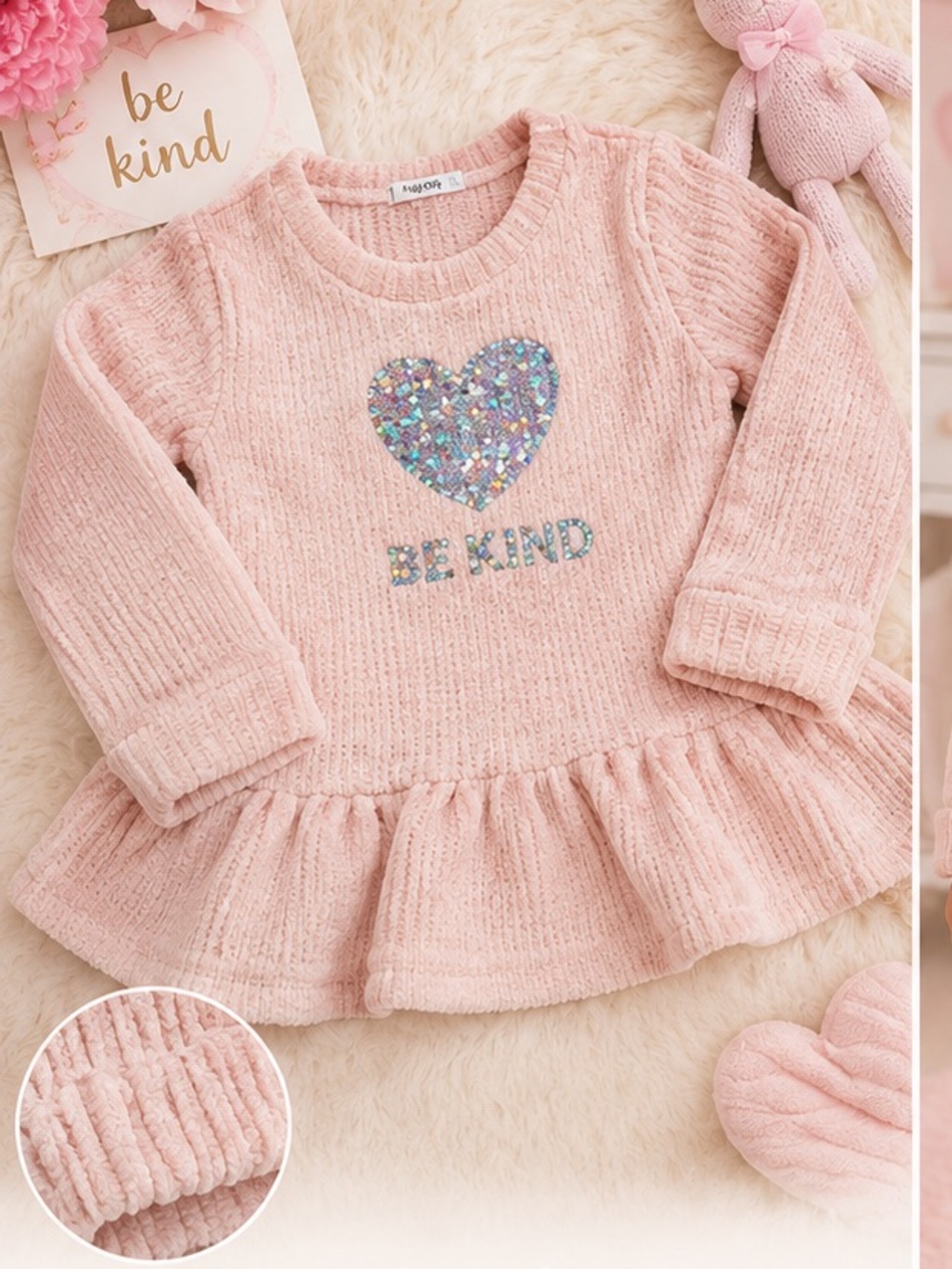 Nannette Pale Pink Knit Peplum Sweater with Br Kind Heart 4t